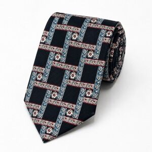 Tom James Mens Silk Necktie Black Blue Floral Geometric Medallion Ornate Scroll